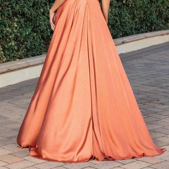 New A-Line Satin Evening Dress w/ Illusion Plunging Neckline & V-Back DQ 4304A - Picture 6 of 9